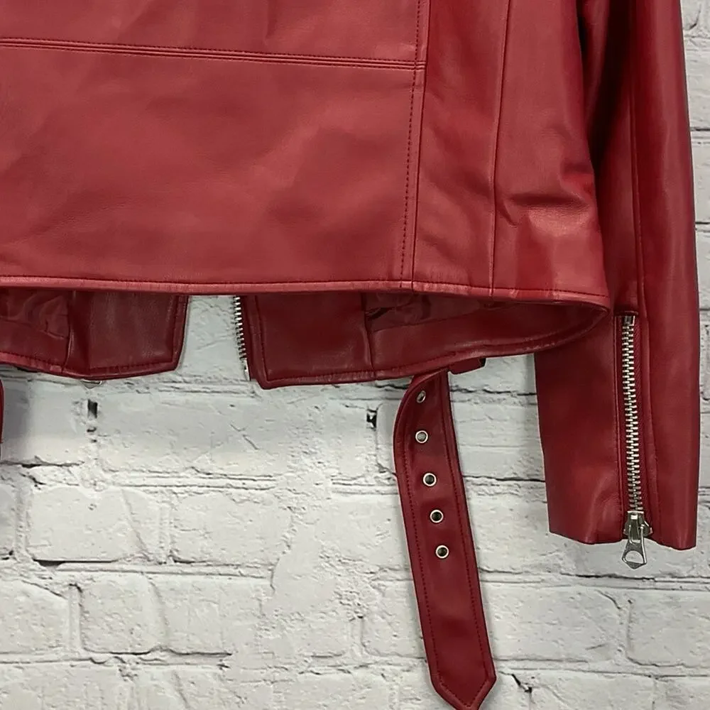 Zara Faux Leather Zip Moto Jacket Women's M Burgandy Belted Bikercore Pockets